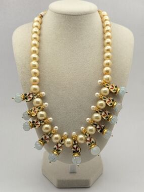 Detailed Enamel & Faux Pearl Dangle Statement Necklace - 34"